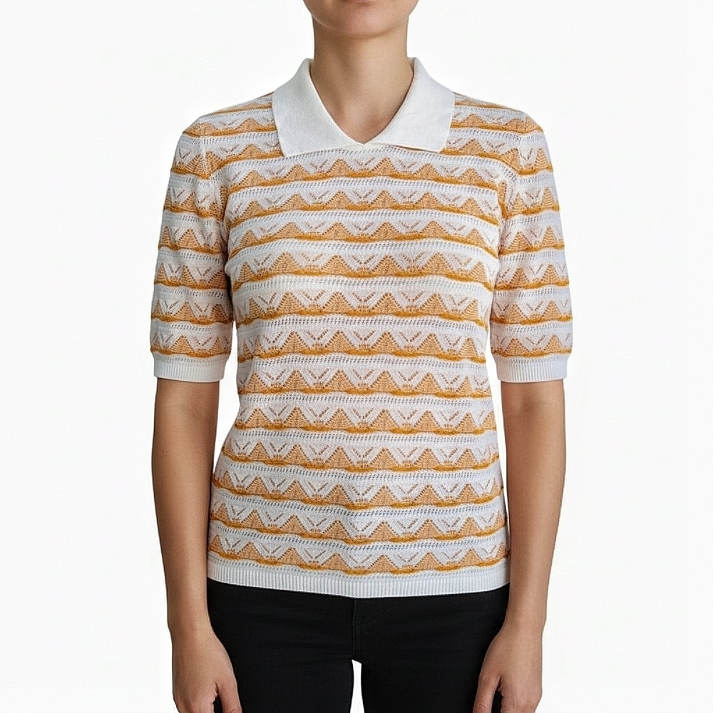 Minnie Rose Knit Polo Top Collared Orange Cream‎ Chevron Pattern